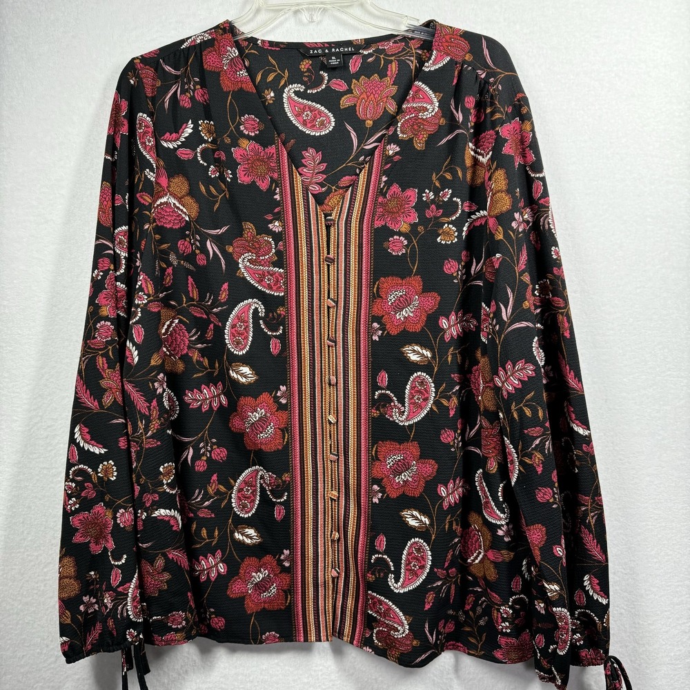Zac & Rachel Blouse Womens XL Black Floral Paisley Boho Peasant Top‎ Long Sleeve - Picture 2 of 10